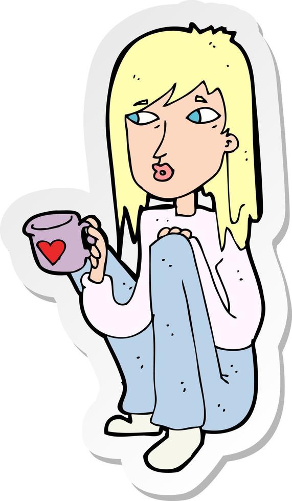 sticker of a cartoon woman sitting with cup of coffee vector