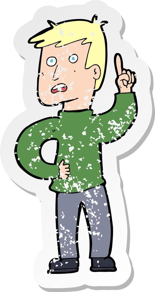 retro distressed sticker of a cartoon boy with idea vector