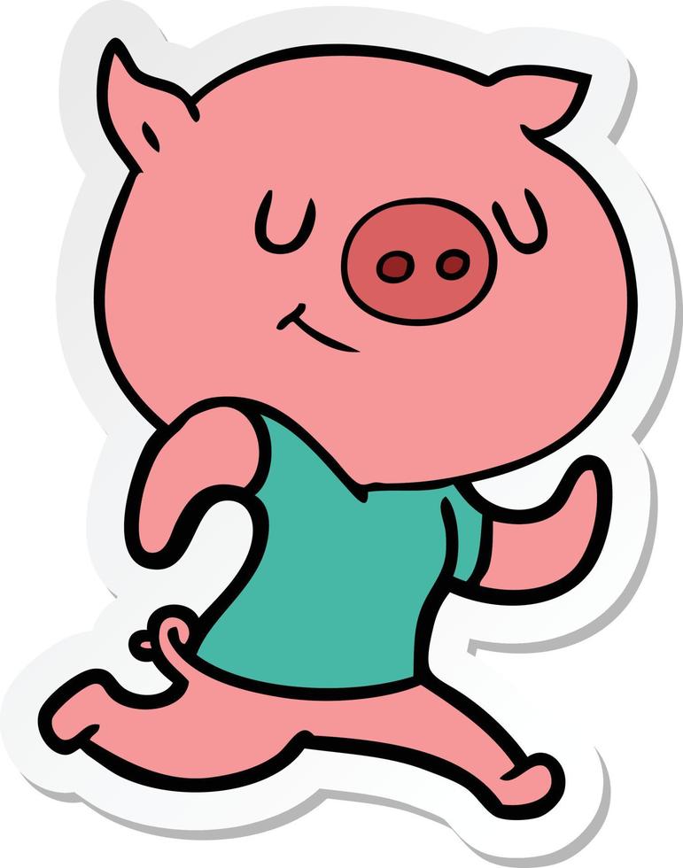 sticker of a happy cartoon pig running vector