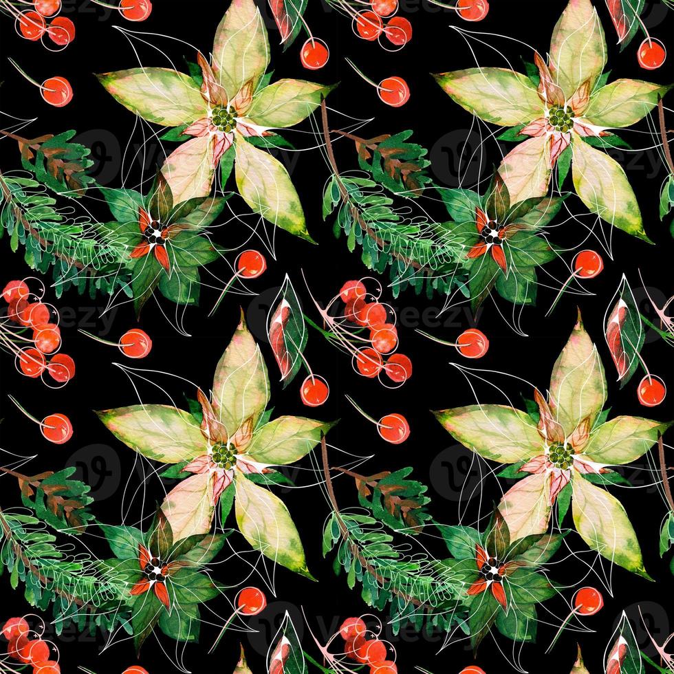 Christmas floral watercolor black seamless pattern photo