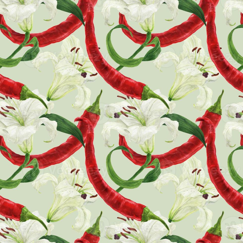 Red chili pepper and lily white flower watercolor seamless pattern photo