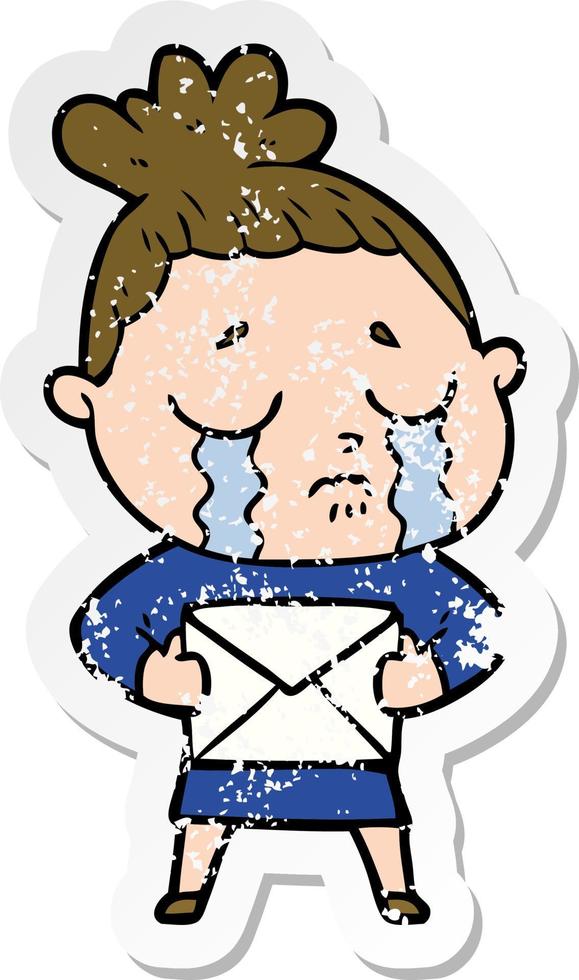 distressed sticker of a cartoon crying woman with letter vector