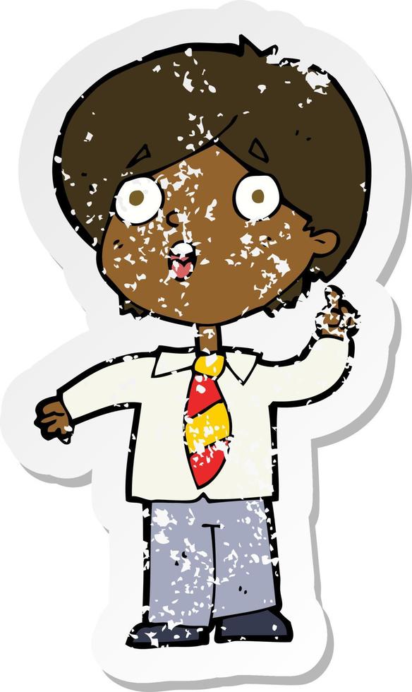 retro distressed sticker of a cartoon schoolboy answering question vector