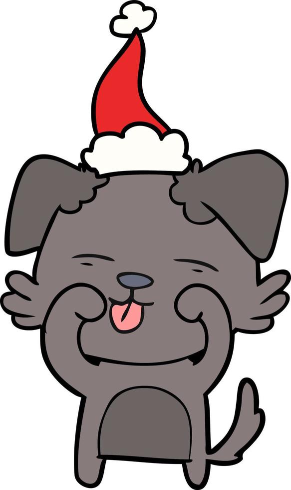 line drawing of a dog rubbing eyes wearing santa hat vector