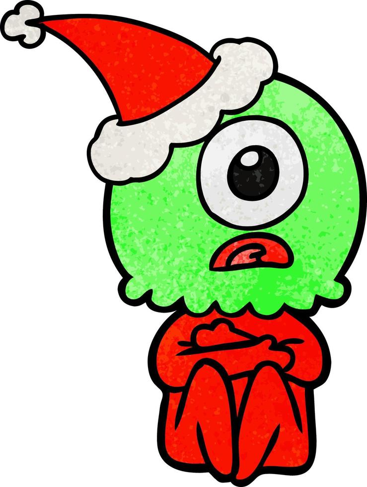 textured cartoon of a cyclops alien spaceman wearing santa hat vector