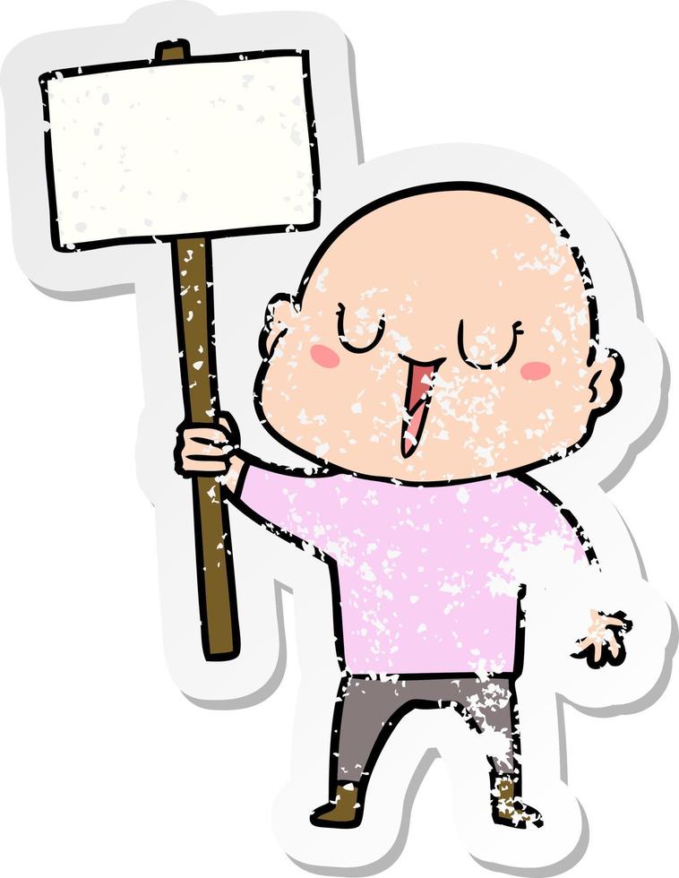 distressed sticker of a happy cartoon bald man with sign vector