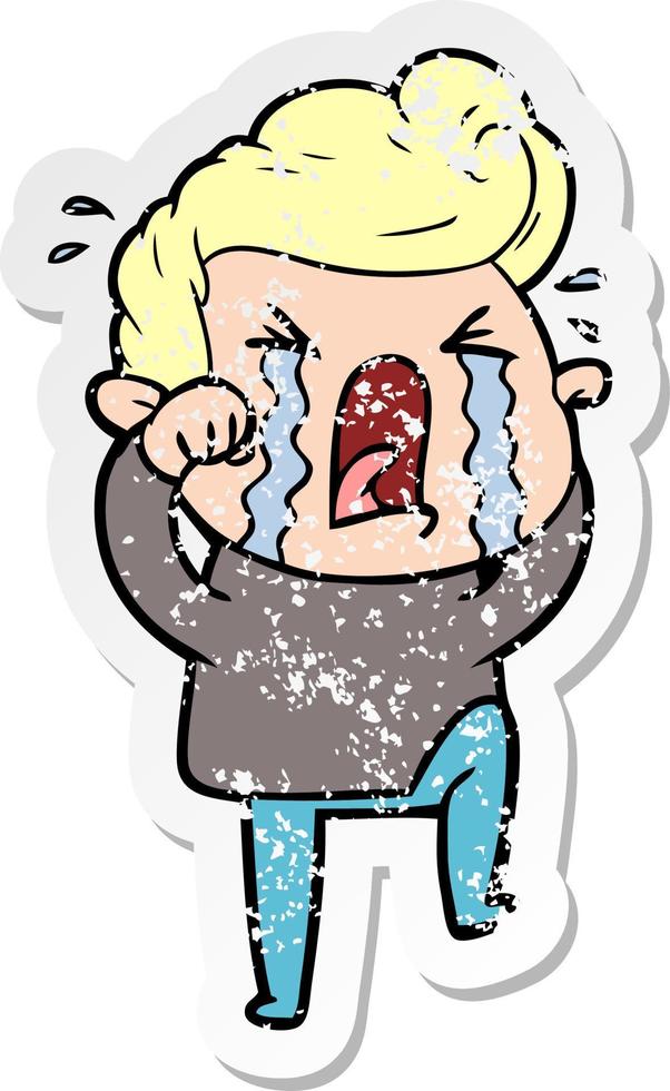 distressed sticker of a cartoon crying man vector