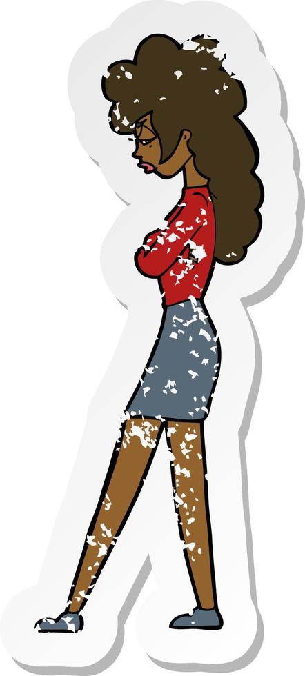 retro distressed sticker of a cartoon annoyed woman vector
