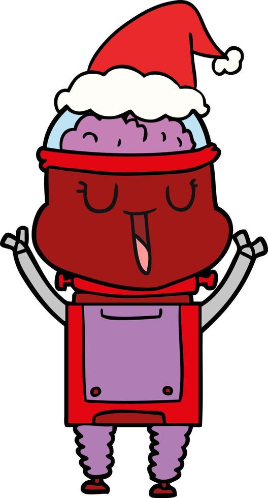 happy line drawing of a robot wearing santa hat vector