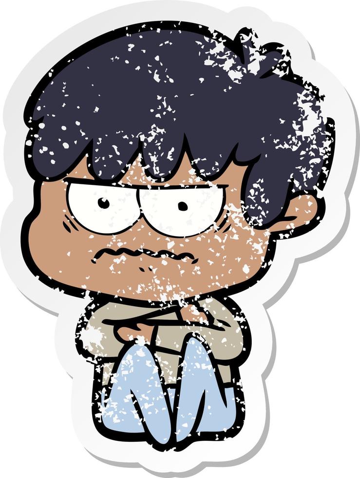 distressed sticker of a annoyed cartoon boy vector