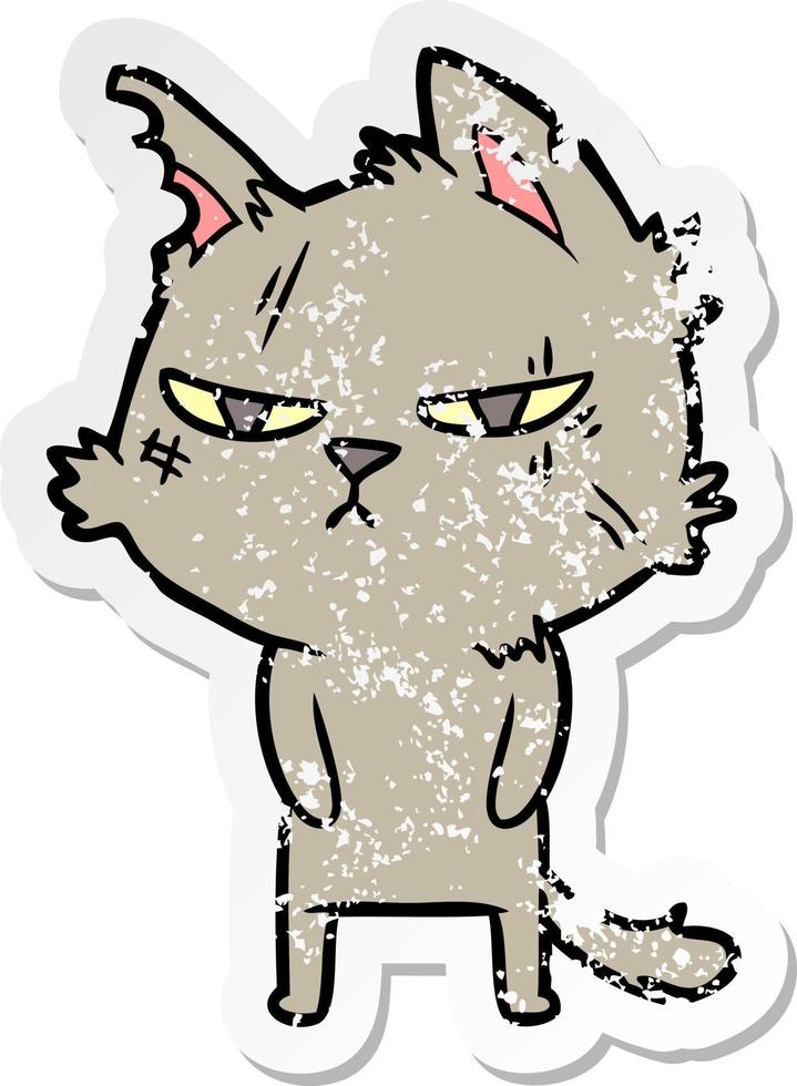 distressed sticker of a tough cartoon cat vector