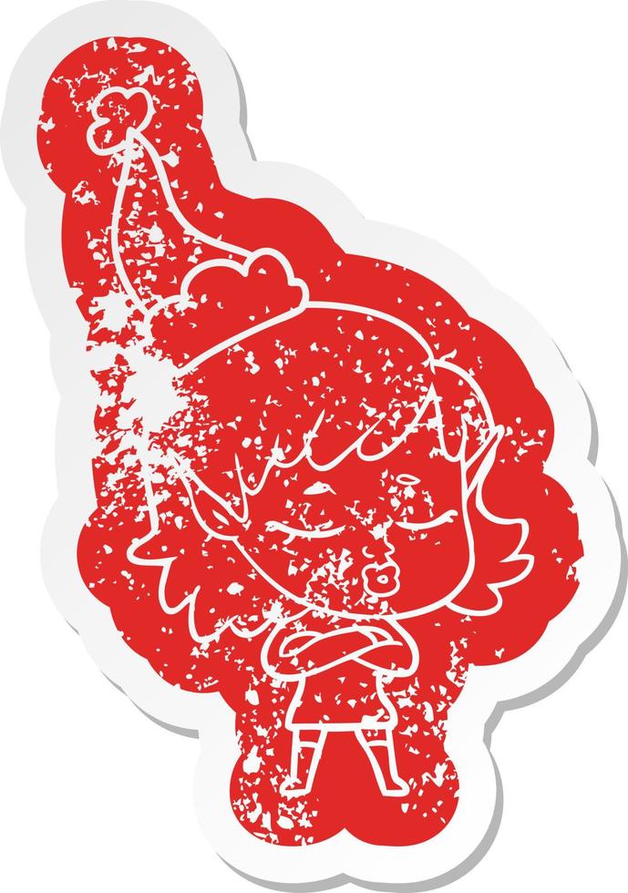 pretty cartoon distressed sticker of a elf girl wearing santa hat vector