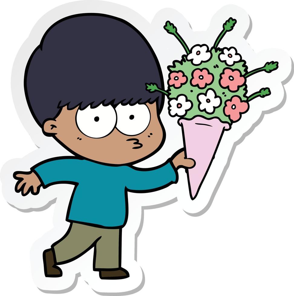 sticker of a nervous cartoon boy with flowers vector