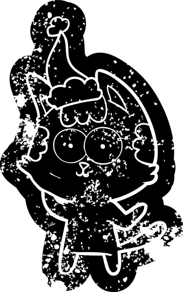 happy cartoon distressed icon of a cat wearing santa hat vector