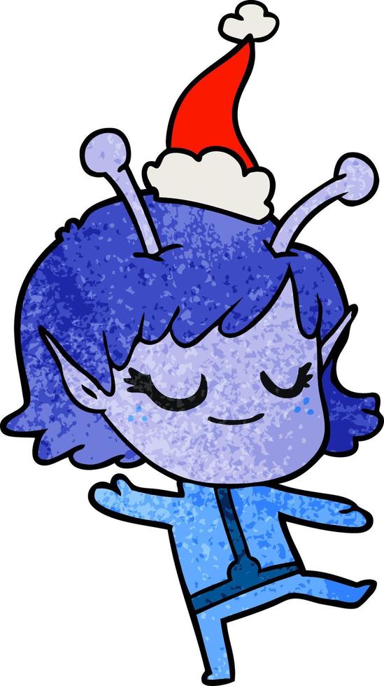 smiling alien girl textured cartoon of a wearing santa hat vector