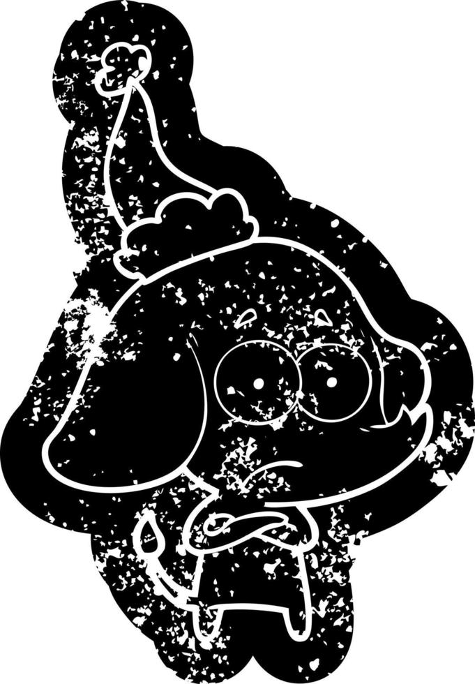 cartoon distressed icon of a unsure elephant wearing santa hat vector