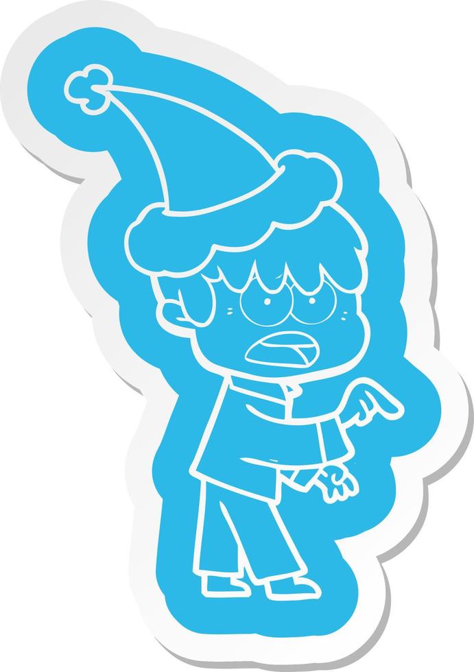 worried cartoon  sticker of a boy wearing santa hat vector