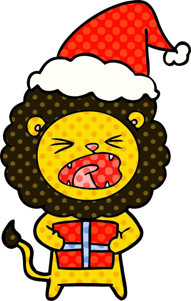 comic book style illustration of a lion with christmas present wearing santa hat vector