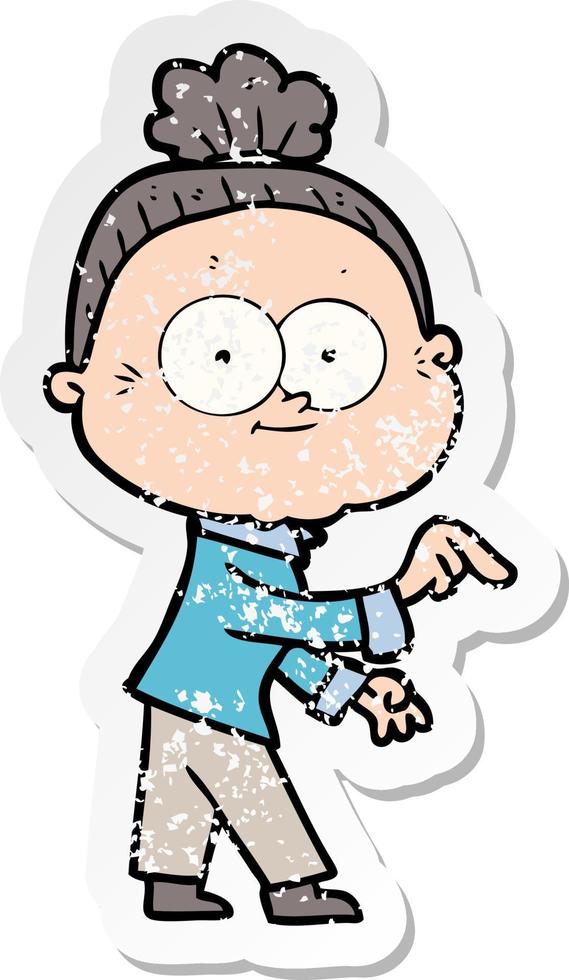 distressed sticker of a cartoon happy old woman vector