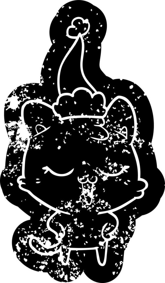 happy cartoon distressed icon of a cat wearing santa hat vector