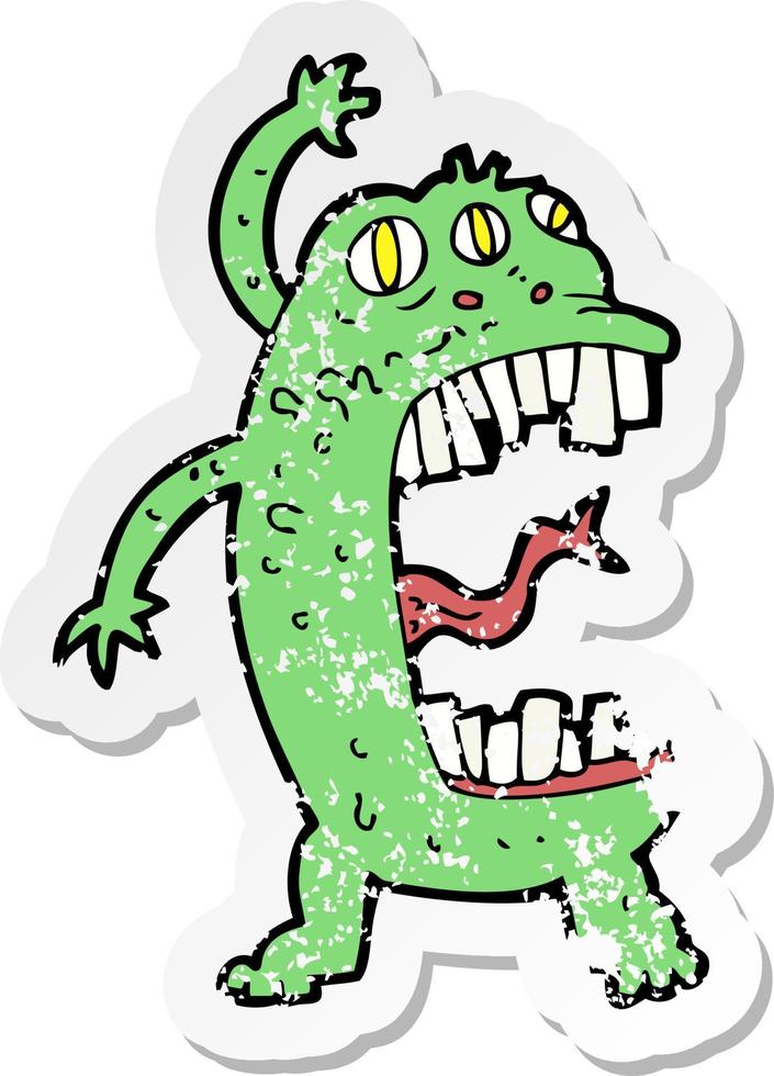 retro distressed sticker of a cartoon crazy monster vector