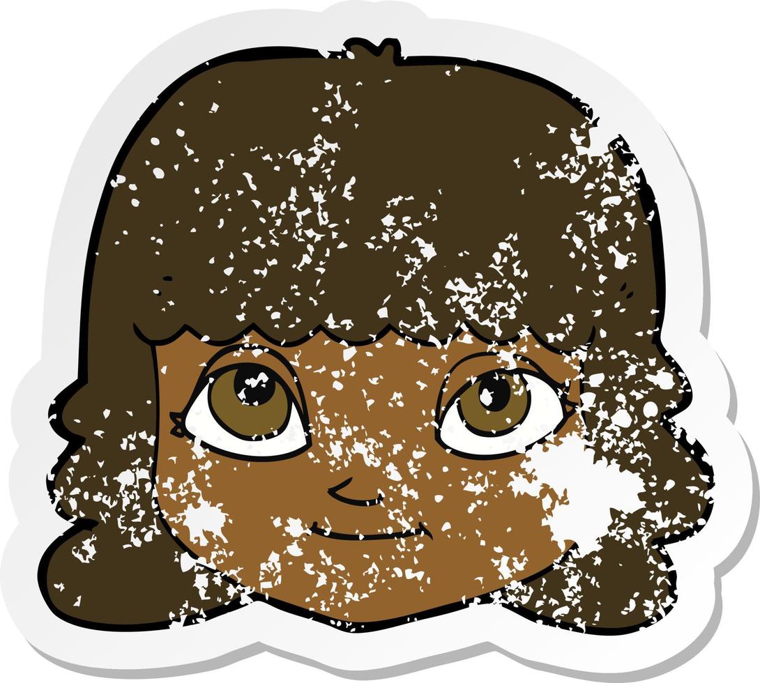 retro distressed sticker of a cartoon happy female face vector