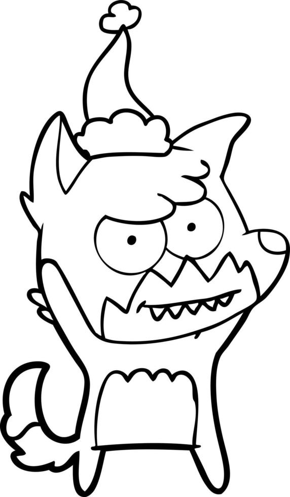 line drawing of a grinning fox wearing santa hat vector