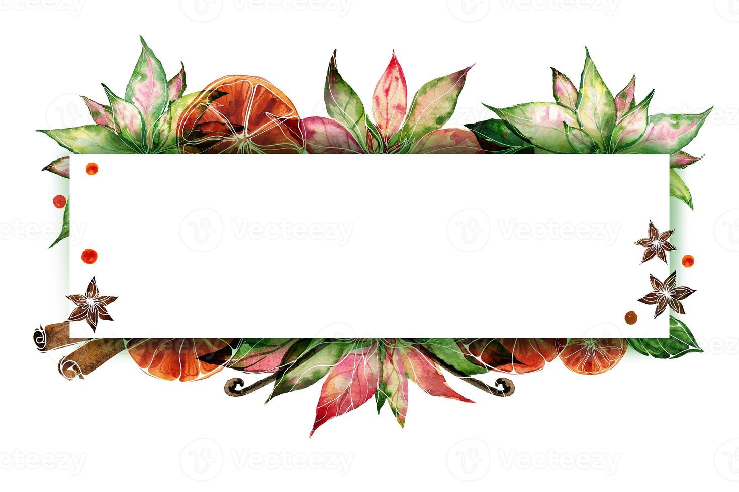 Christmas text space frame with watercolor poinsettia and oranges photo