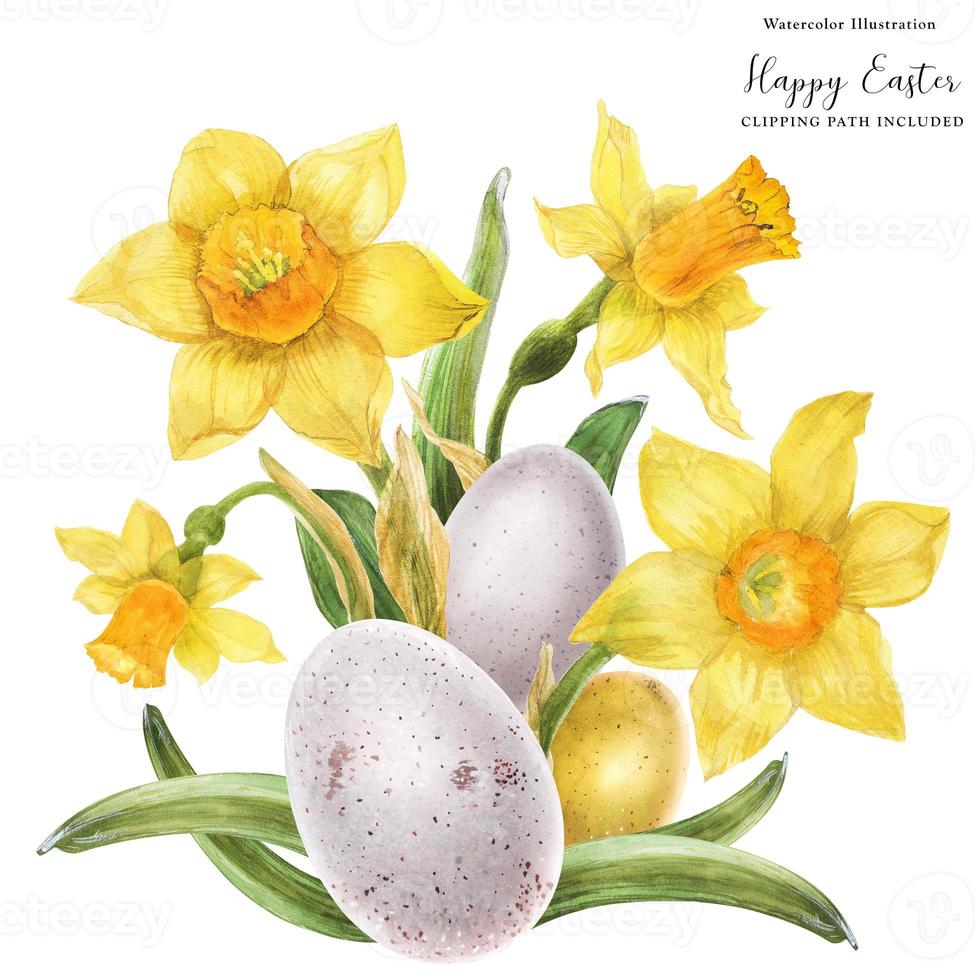 Easter watercolor bouquet with daffodil and bird eggs photo