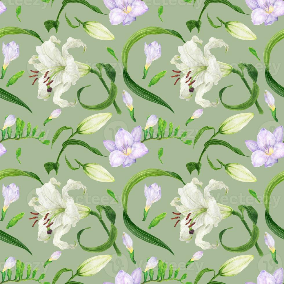 Tropical green seamless pattern with lily and freesia flowers photo
