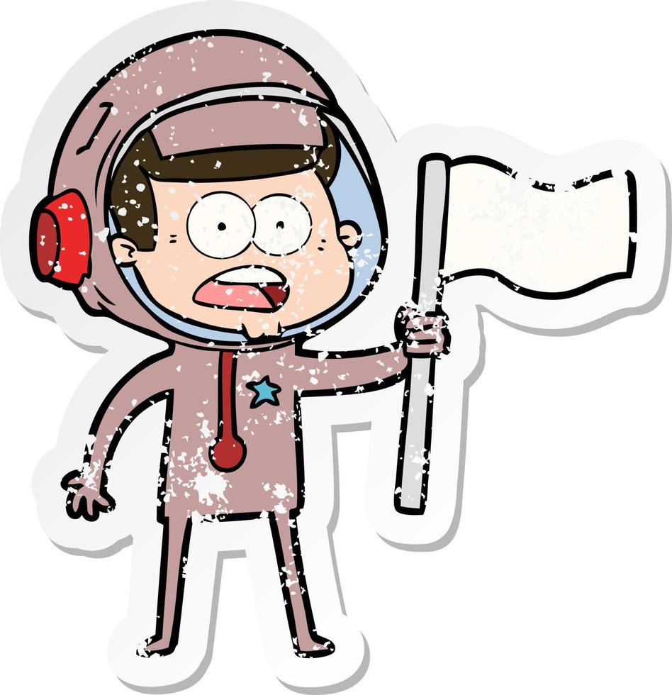 distressed sticker of a cartoon surprised astronaut waving flag vector