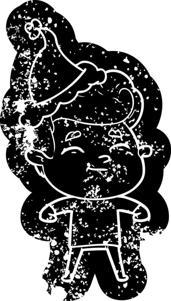 happy cartoon distressed icon of a man wearing santa hat vector