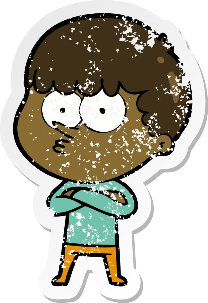 distressed sticker of a cartoon curious boy vector