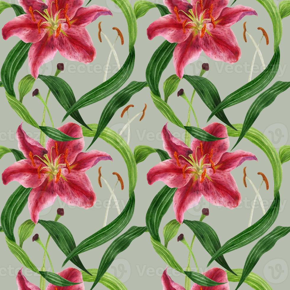 Tropical lily watercolor seamless pattern photo