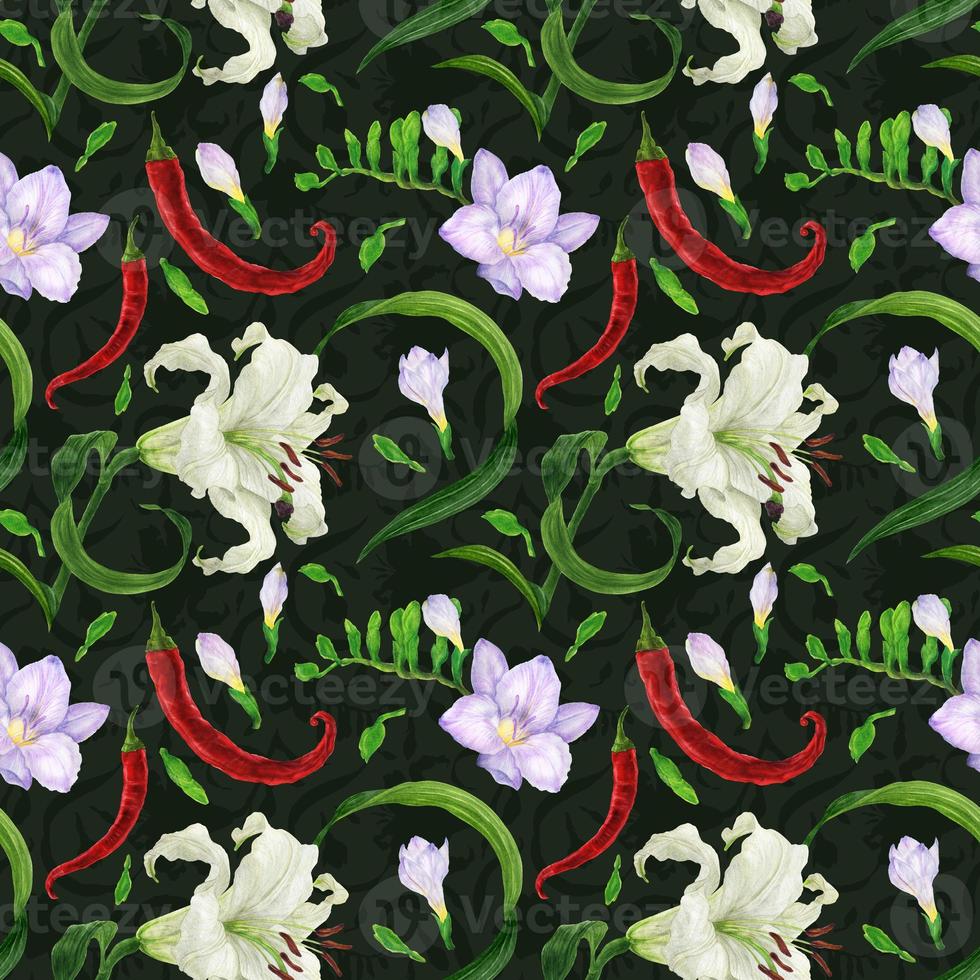 Tropical flowers and peppers dark green watercolor seamless pattern photo