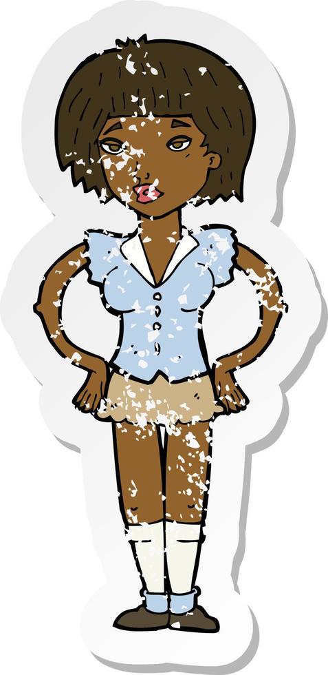 retro distressed sticker of a cartoon woman with hands on hips vector