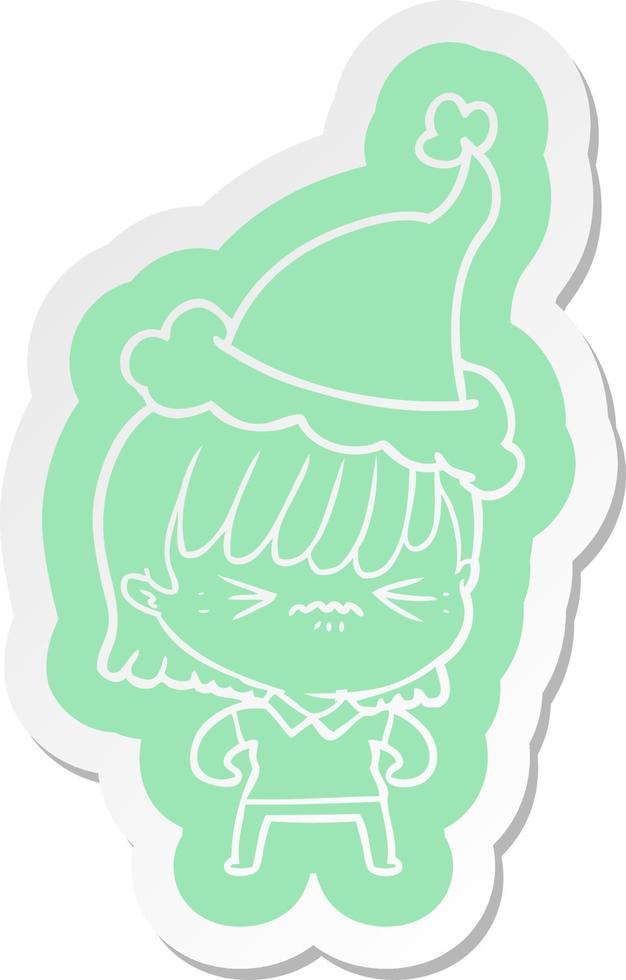 annoyed cartoon  sticker of a girl wearing santa hat vector