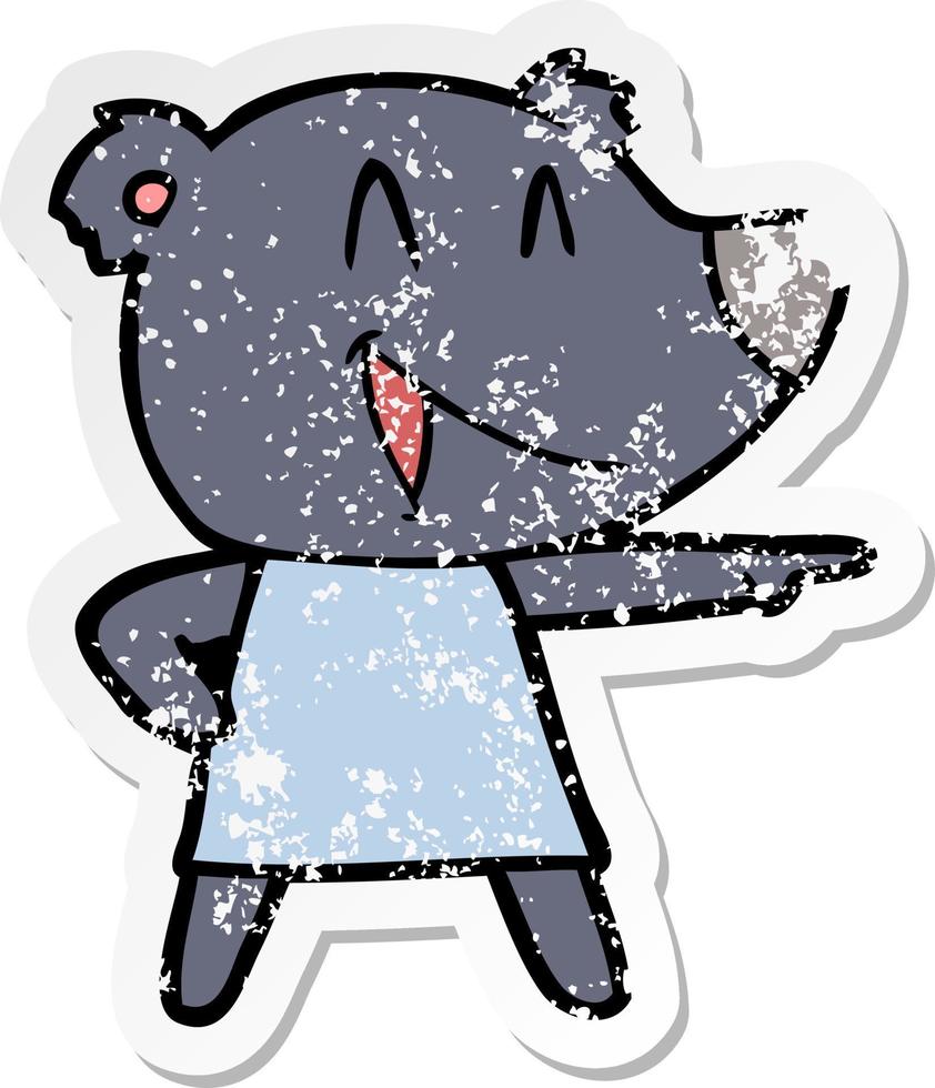 distressed sticker of a cartoon bear in dress laughing and pointing vector