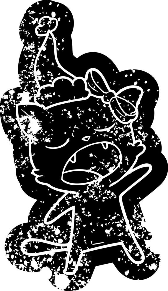 cartoon distressed icon of a singing cat wearing santa hat vector