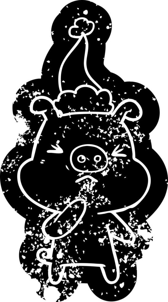 cartoon distressed icon of a angry pig wearing santa hat vector