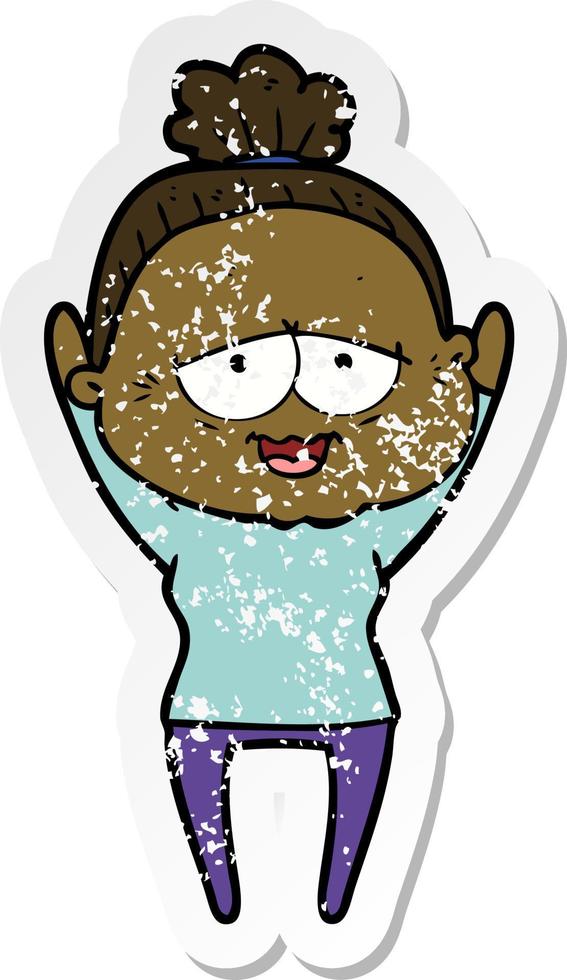 distressed sticker of a cartoon happy old lady vector