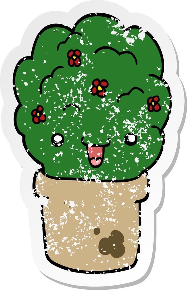distressed sticker of a cartoon shrub in pot vector