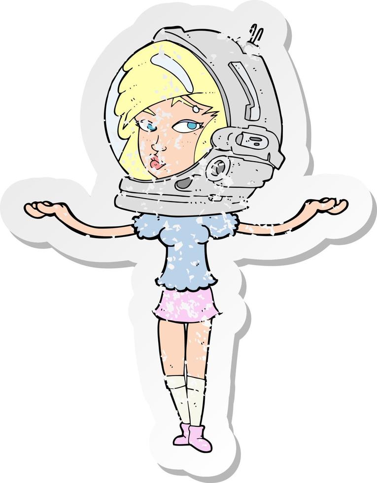 retro distressed sticker of a cartoon woman wearing space helmet vector