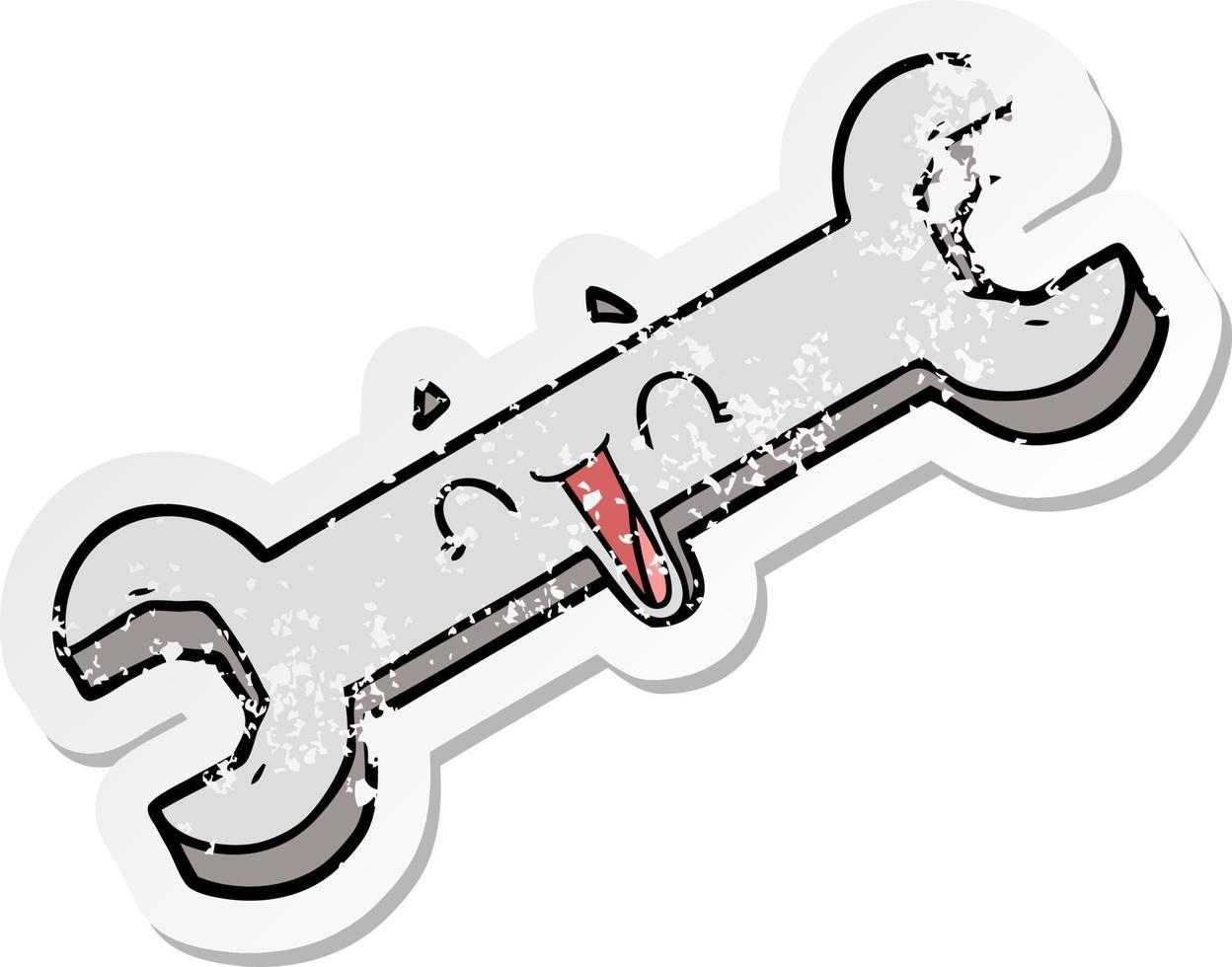 distressed sticker of a cartoon laughing spanner vector