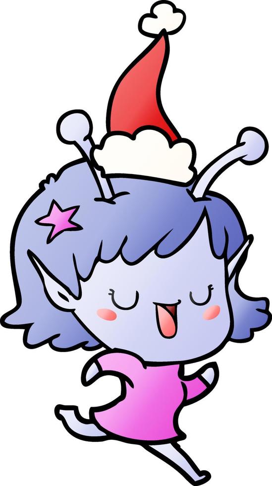 happy alien girl gradient cartoon of a wearing santa hat vector