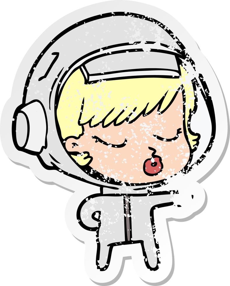 distressed sticker of a cartoon pretty astronaut girl pointing the way vector