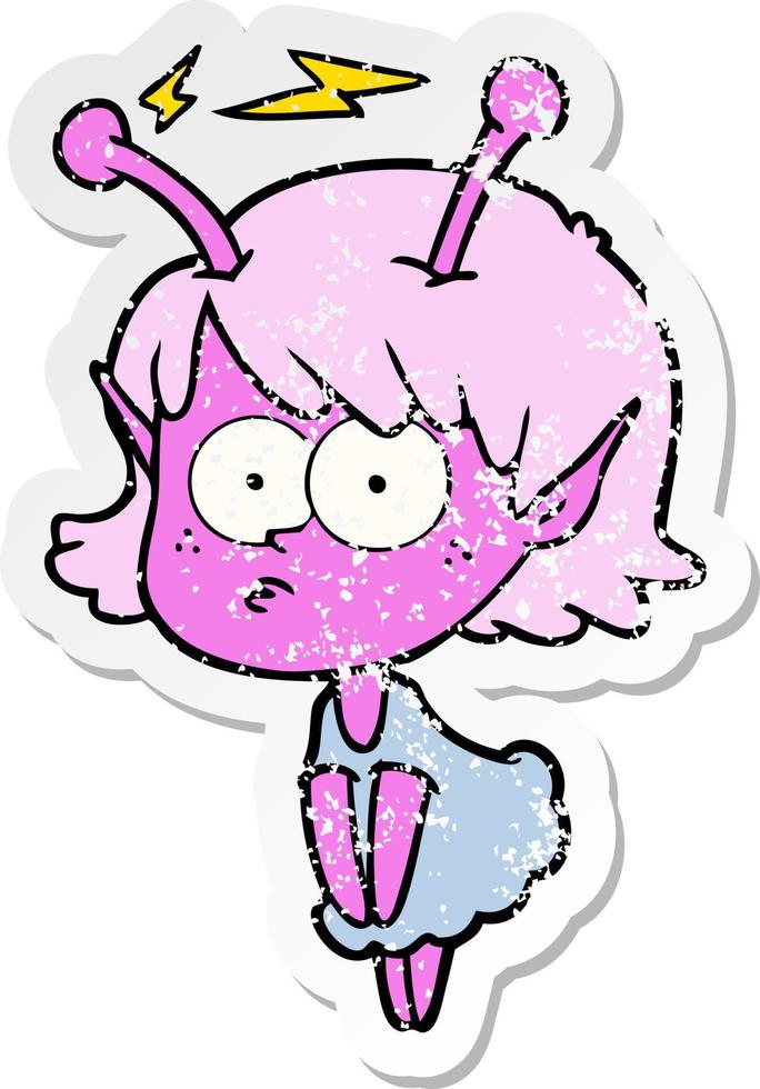 distressed sticker of a cartoon alien girl vector