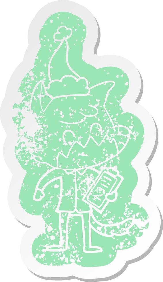 cartoon distressed sticker of a friendly fox manager wearing santa hat vector