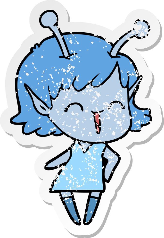 distressed sticker of a cartoon alien girl laughing vector
