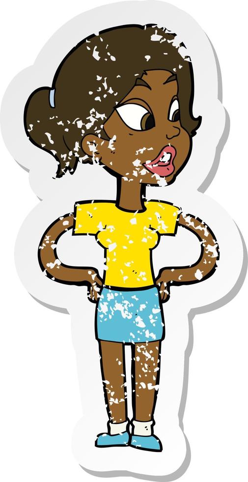 retro distressed sticker of a cartoon woman with hands on hips vector